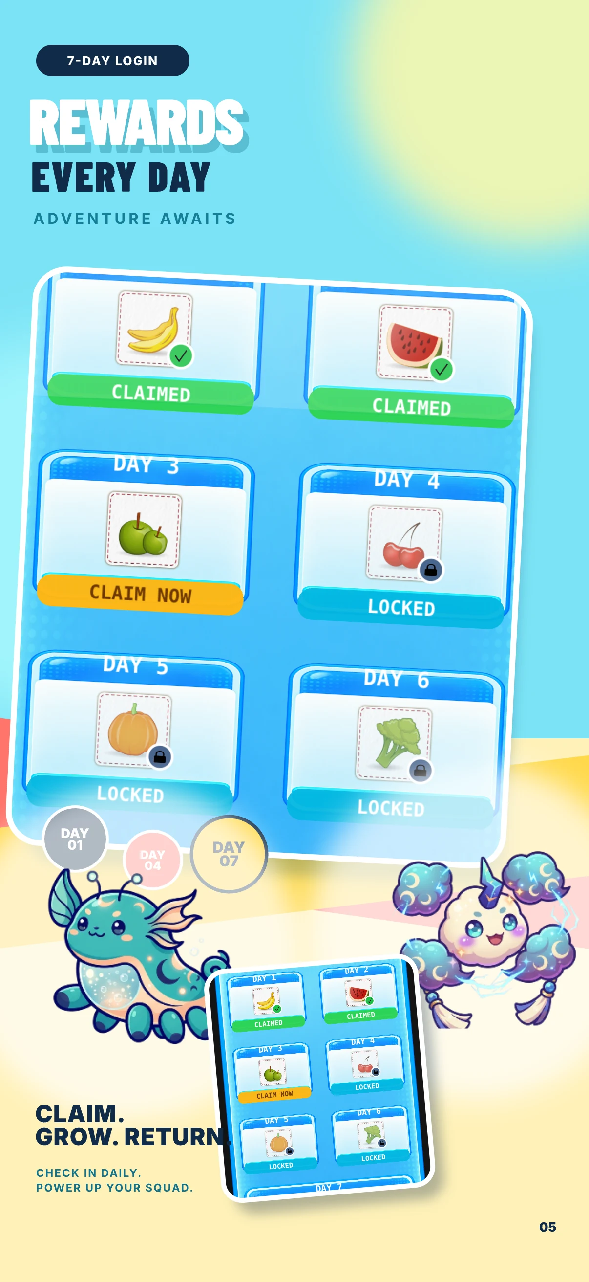 Daily rewards: a colorful seven-day check-in calendar with cute companions